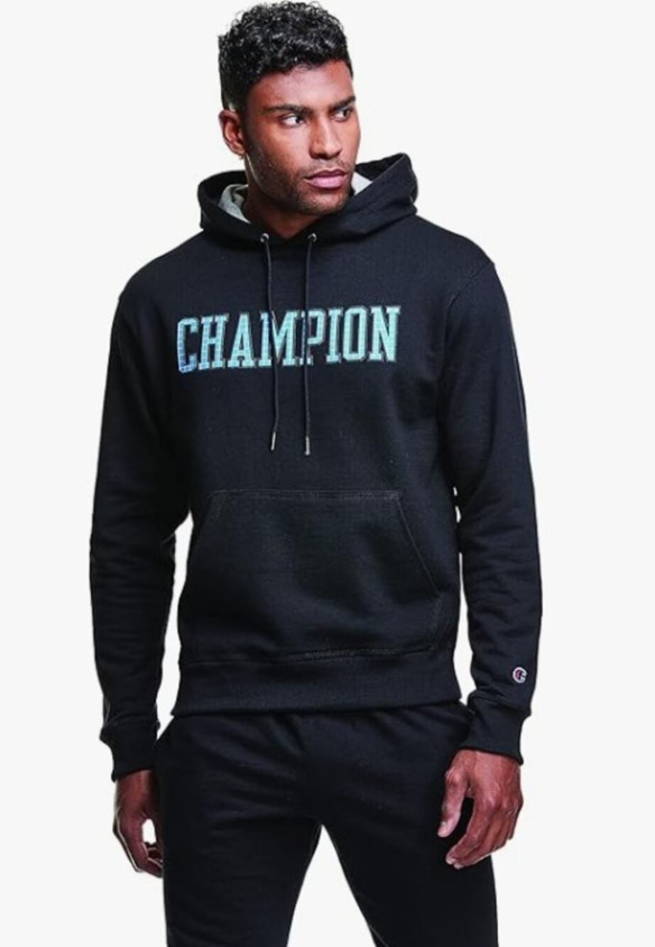 Champion Men's Powerblend Fleece Hoodie, Block Grid Large